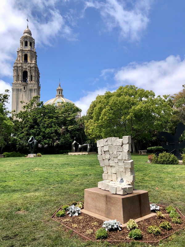San Diego Museum of Art sculpture garden with California Tower in background