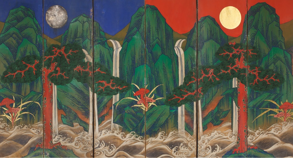 Silk screen of sun, moon, and five peaks