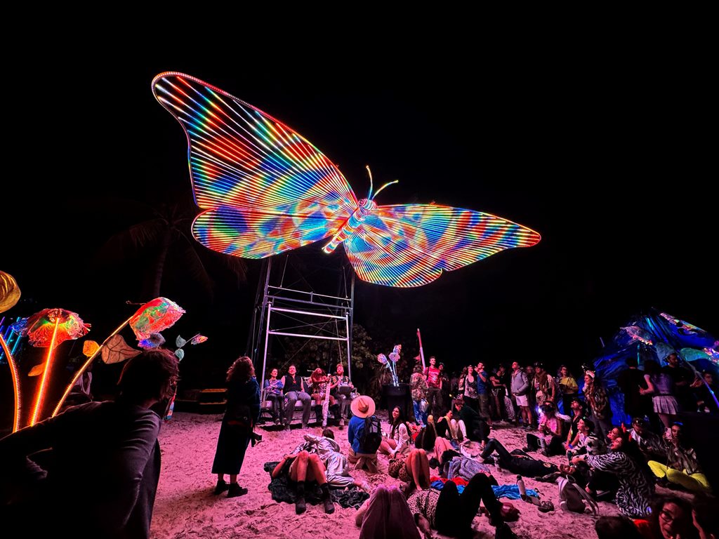 Lit butterfly art at night